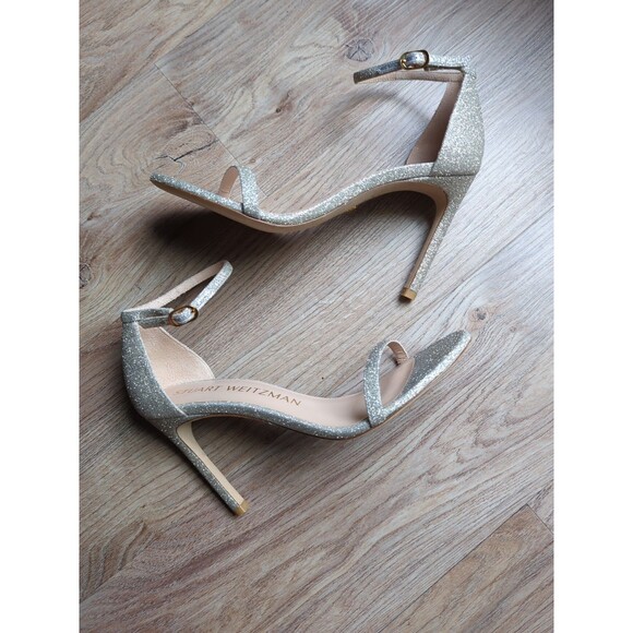 Stuart Weitzman Nudistsong Nudist Heel Sandals Womens 7 Fine Glitter - Picture 1 of 15
